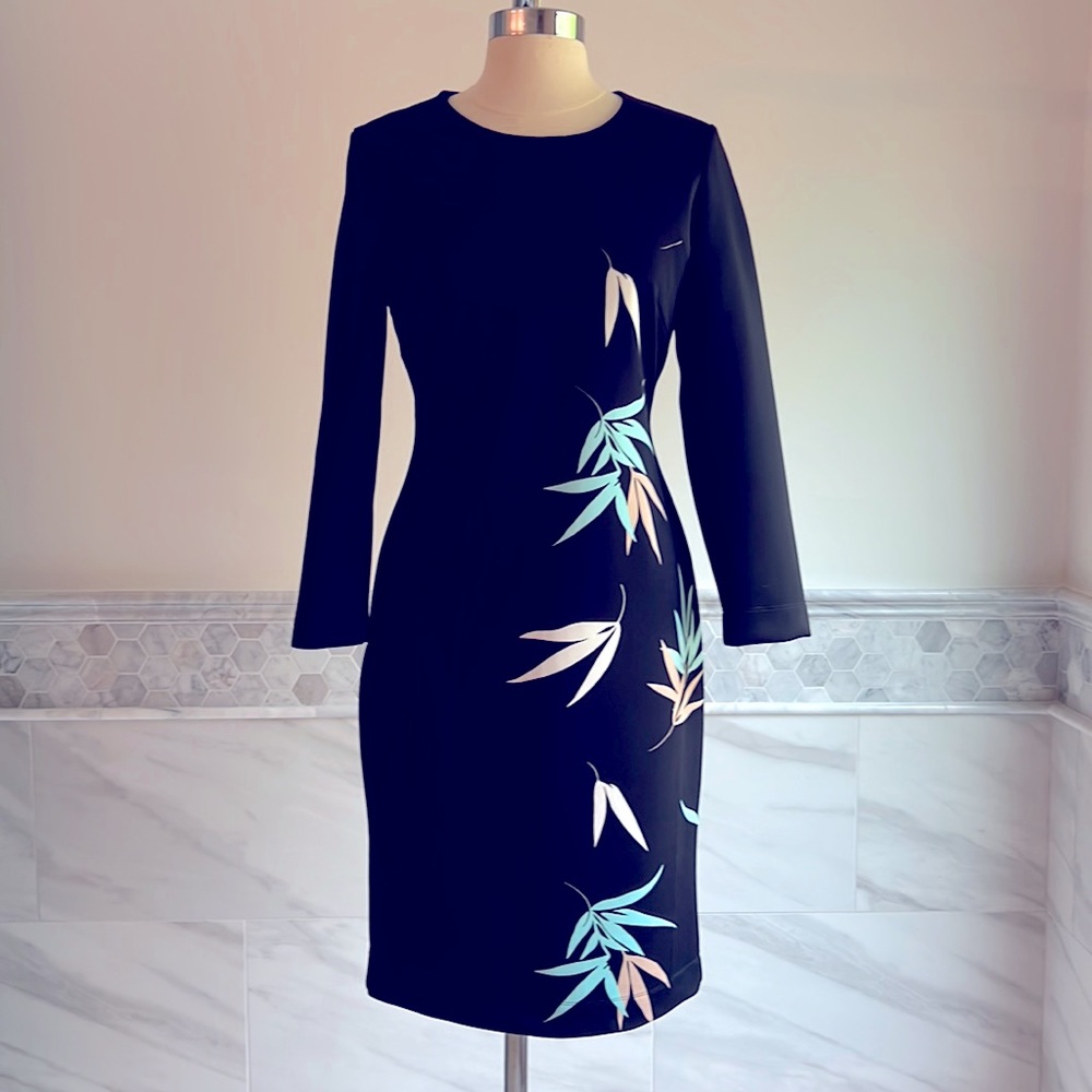 Vince Camuto  Long Sleeve Sheath Stretch Leaf Design Black Dress Size Medium M